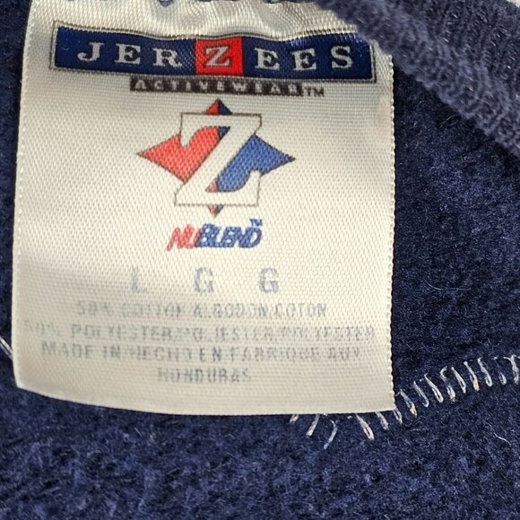 VTG Womens LG Sweater Open Cardigan Jerzees Patchwork Heart Navy Blue Applique - Picture 15 of 16